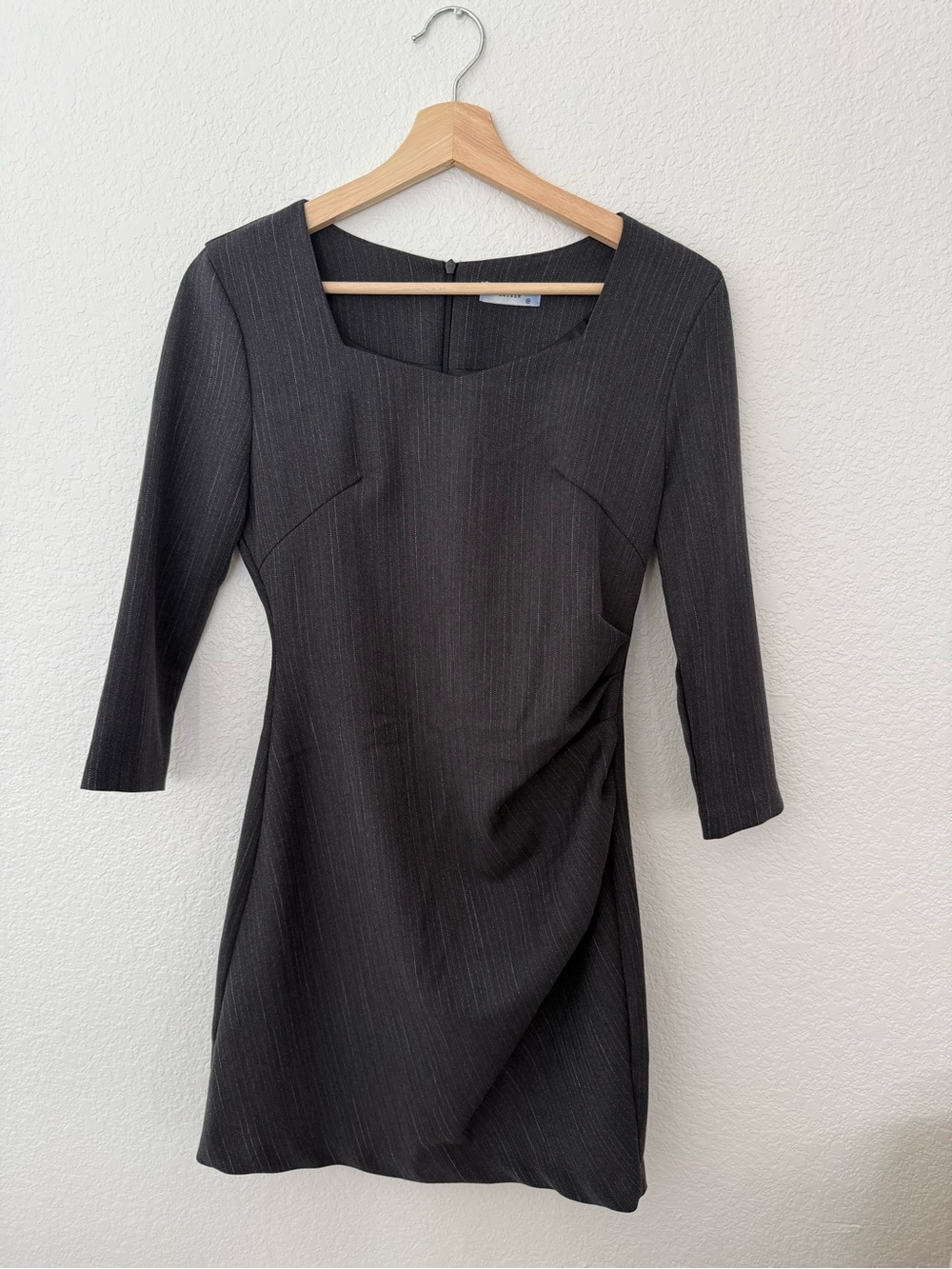 Gray Pinstripe Ruched Mini Dress 3/4 Sleeve Size M Fits Like S